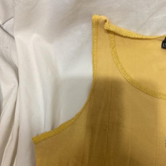 Tank top w/Brat on front in sliver small studs yellow lace around arms & neck - Picture 4 of 6